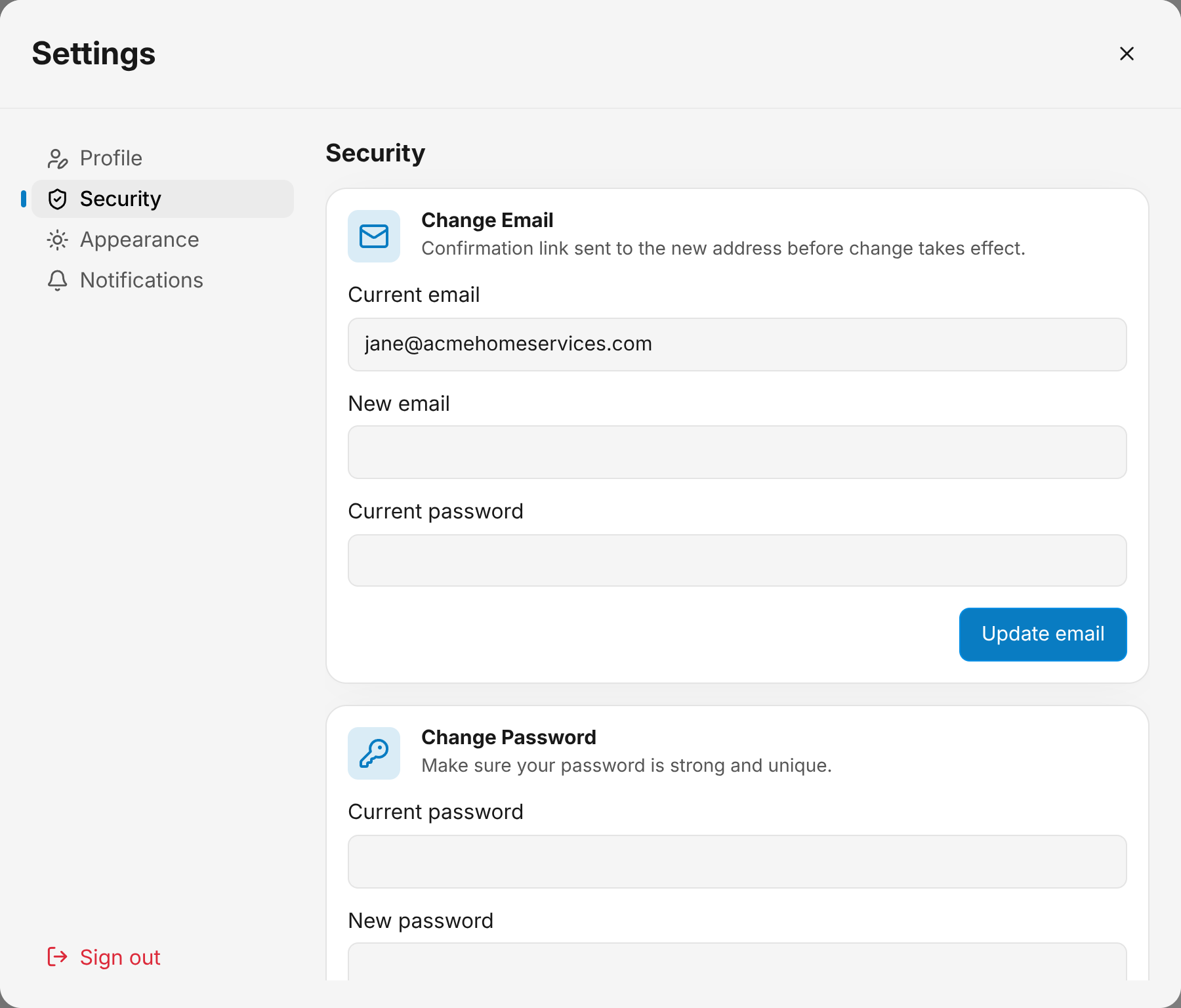 The Security tab of account settings, showing the Change Email card