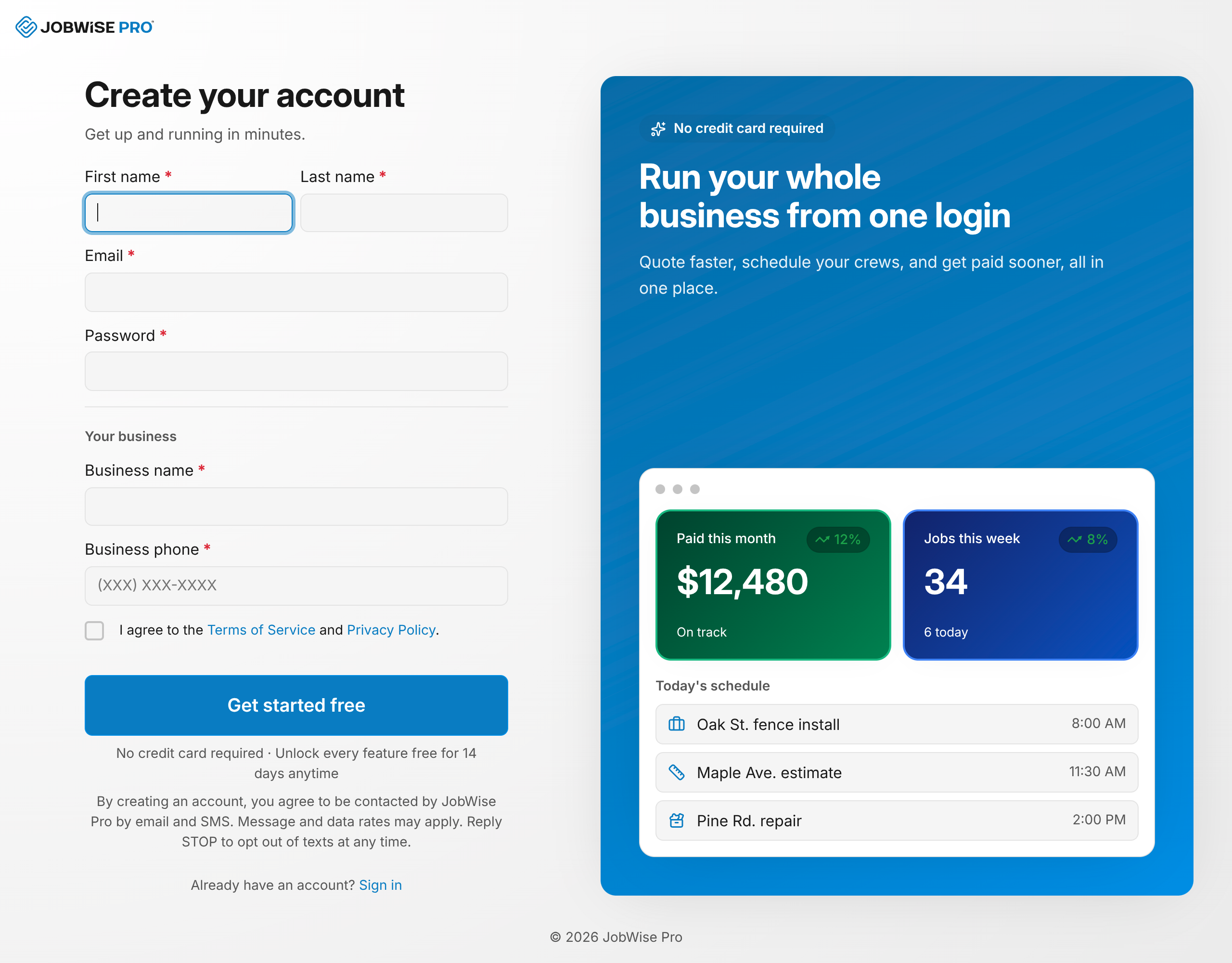 The sign-up form with the name, email, password, and business fields
