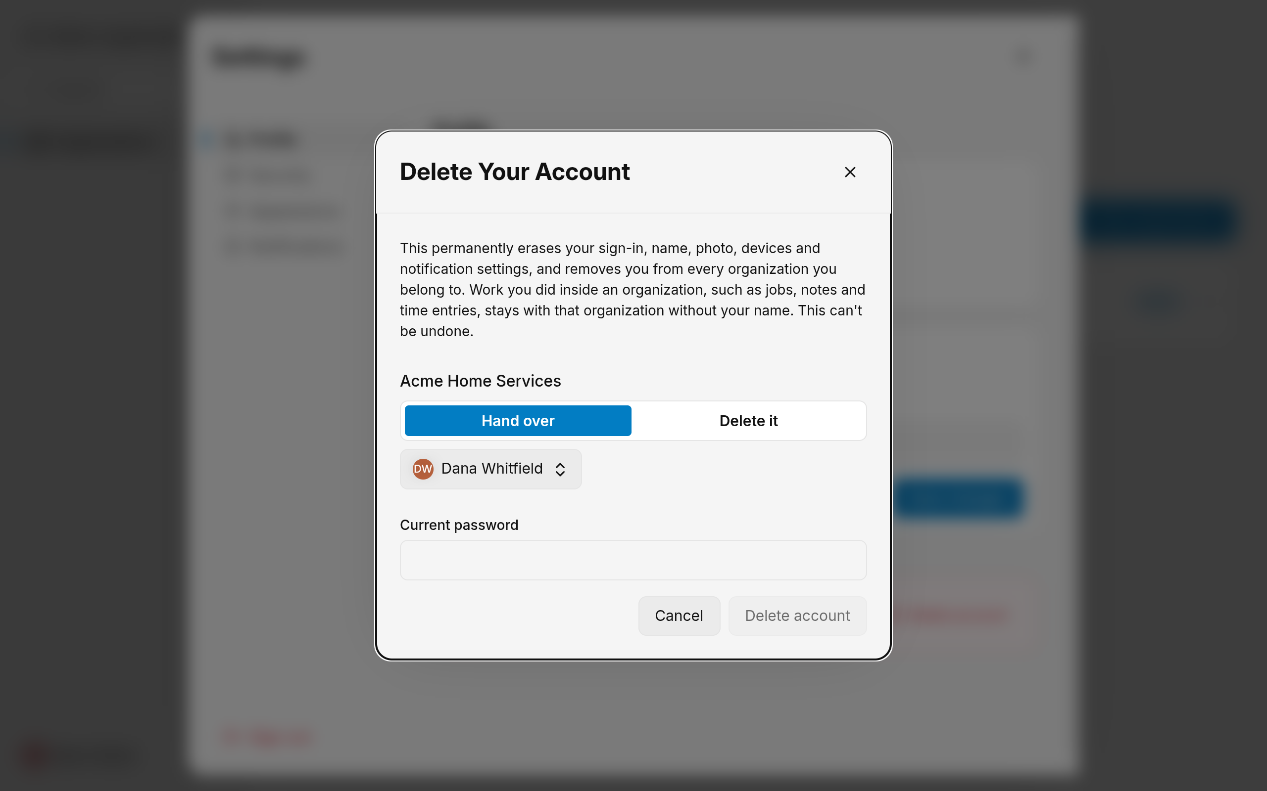 The Delete Your Account dialog, handing an organization to a member