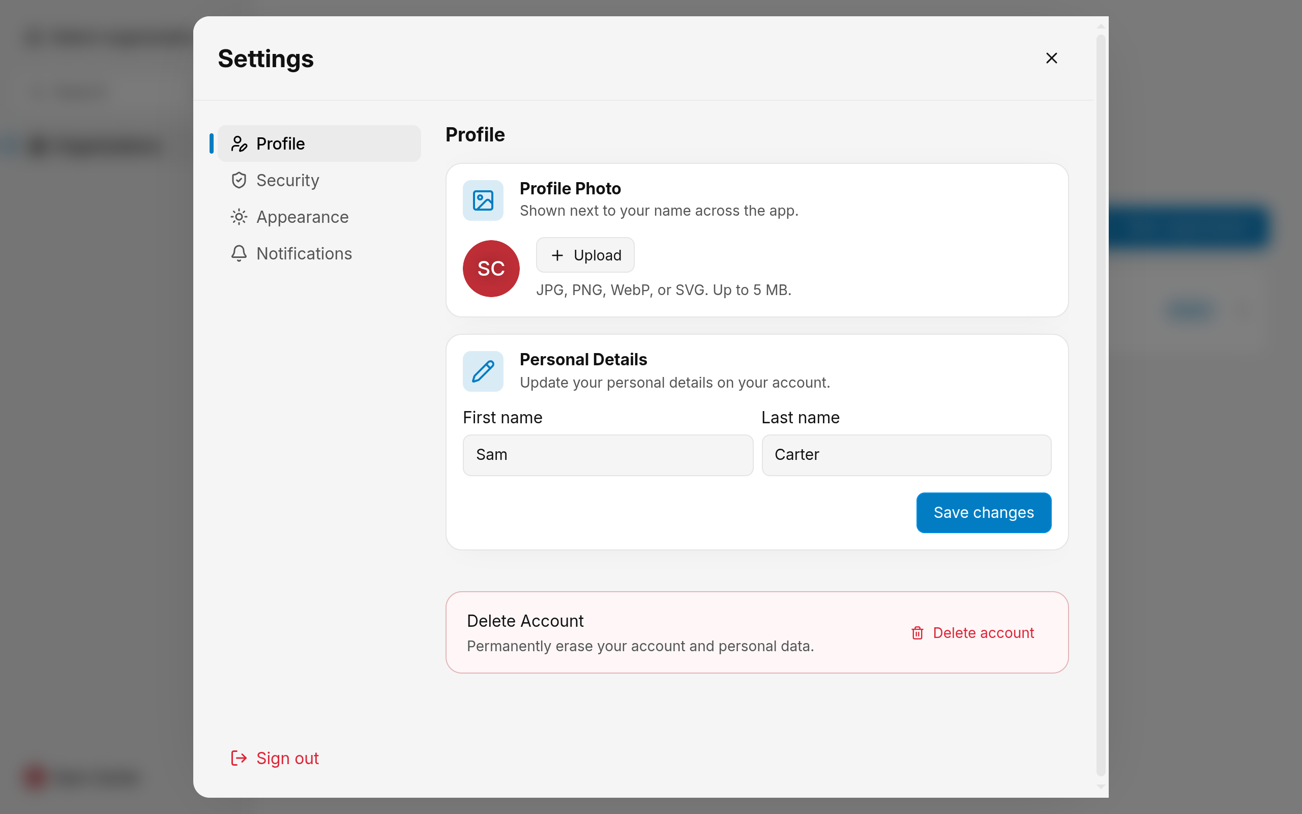 The Profile tab of account settings, with Delete account at the bottom