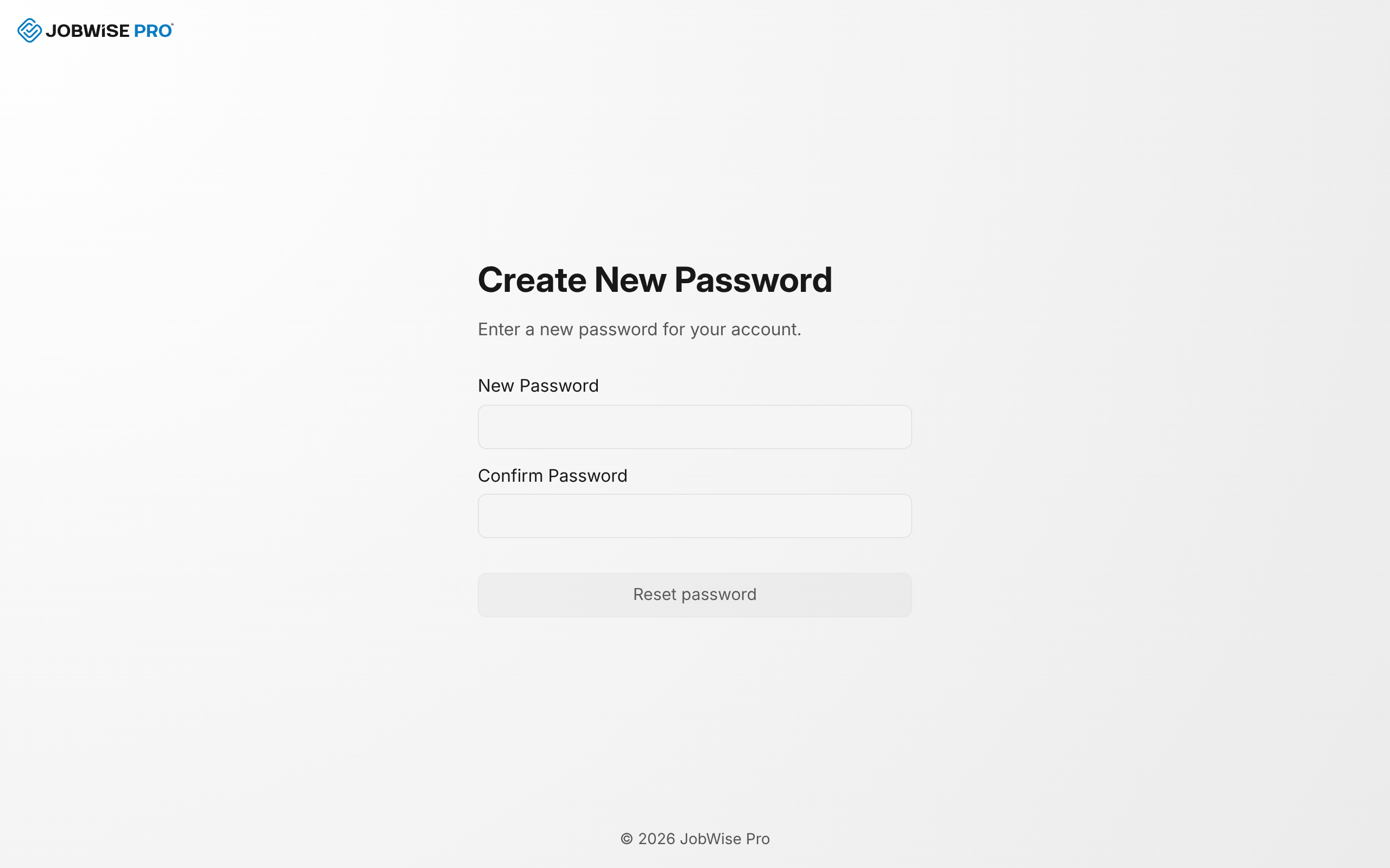 The Create New Password screen with the New Password and Confirm Password fields