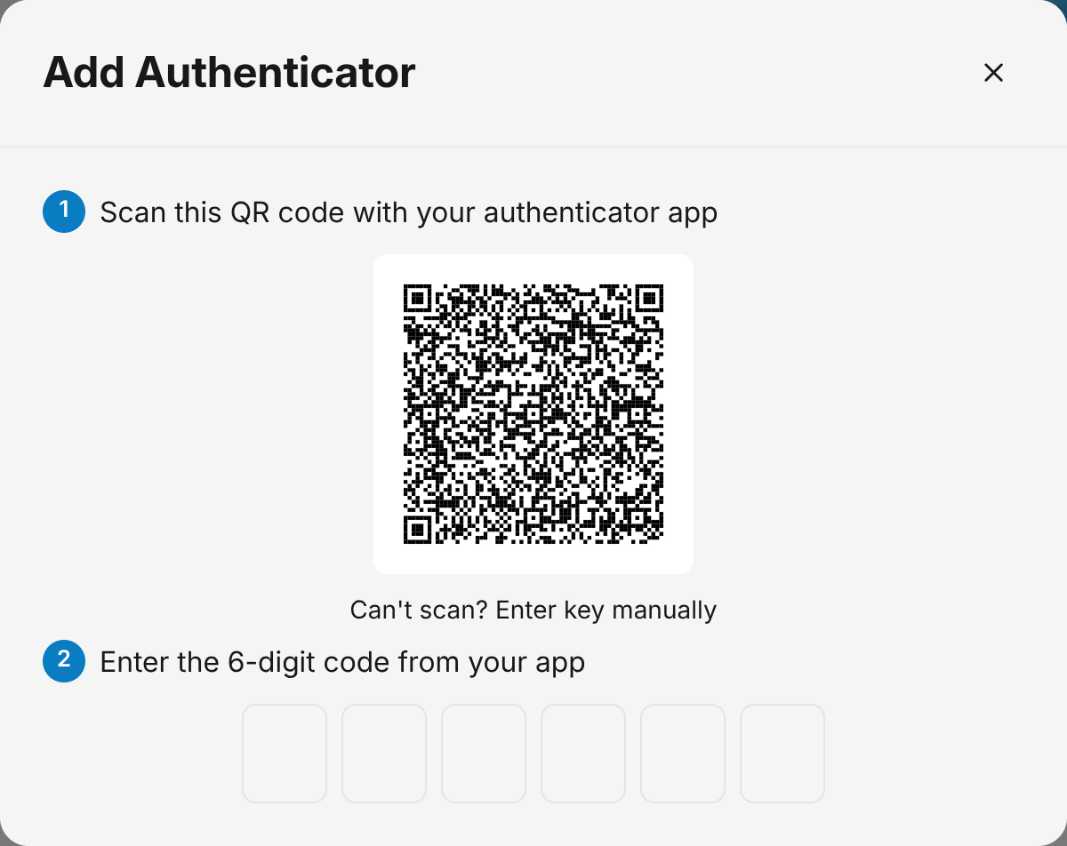 The Add Authenticator dialog with the QR code and the six code boxes