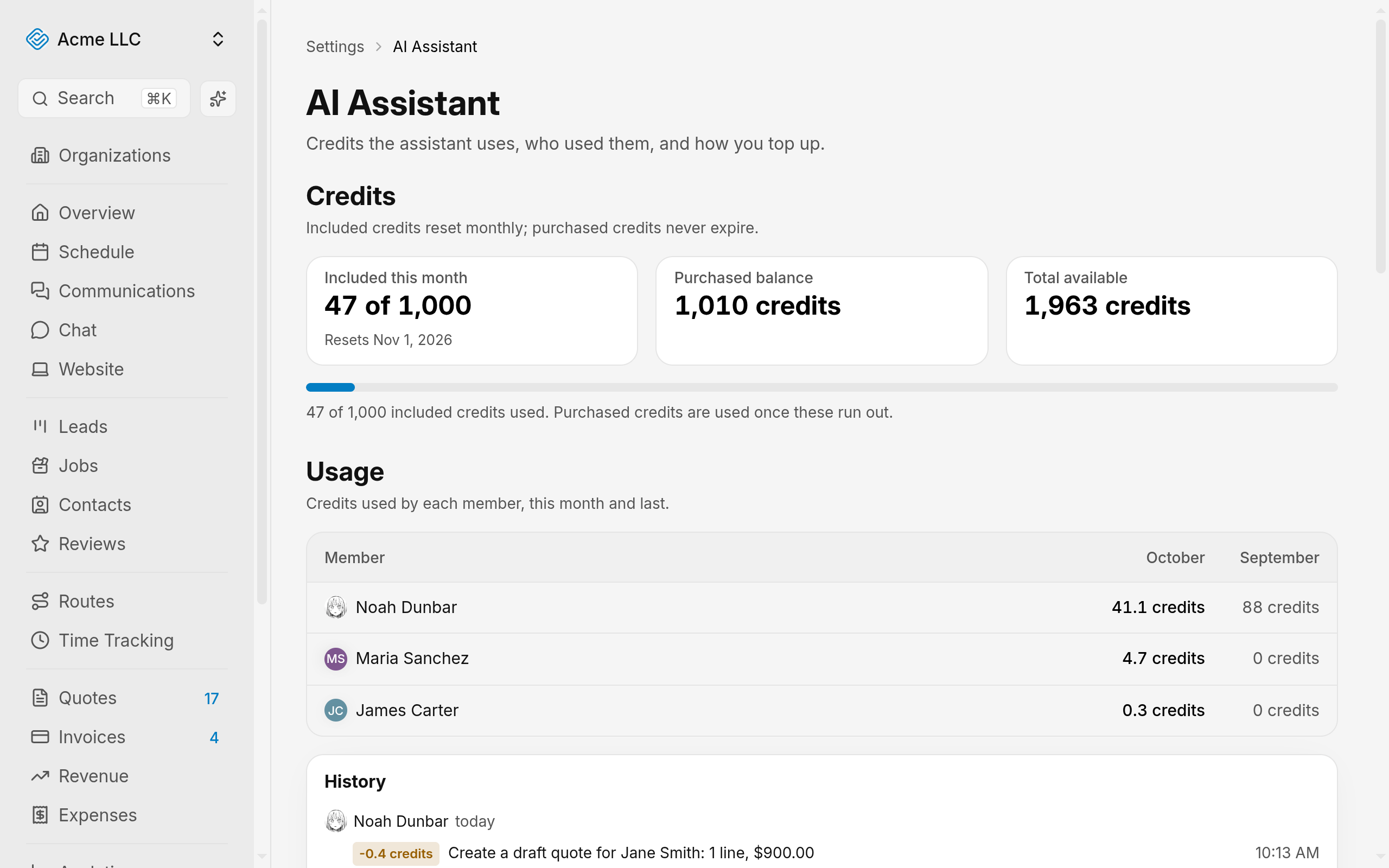 AI Assistant settings page with the Credits, Member Usage, Credit Packs and Auto Top-Up sections