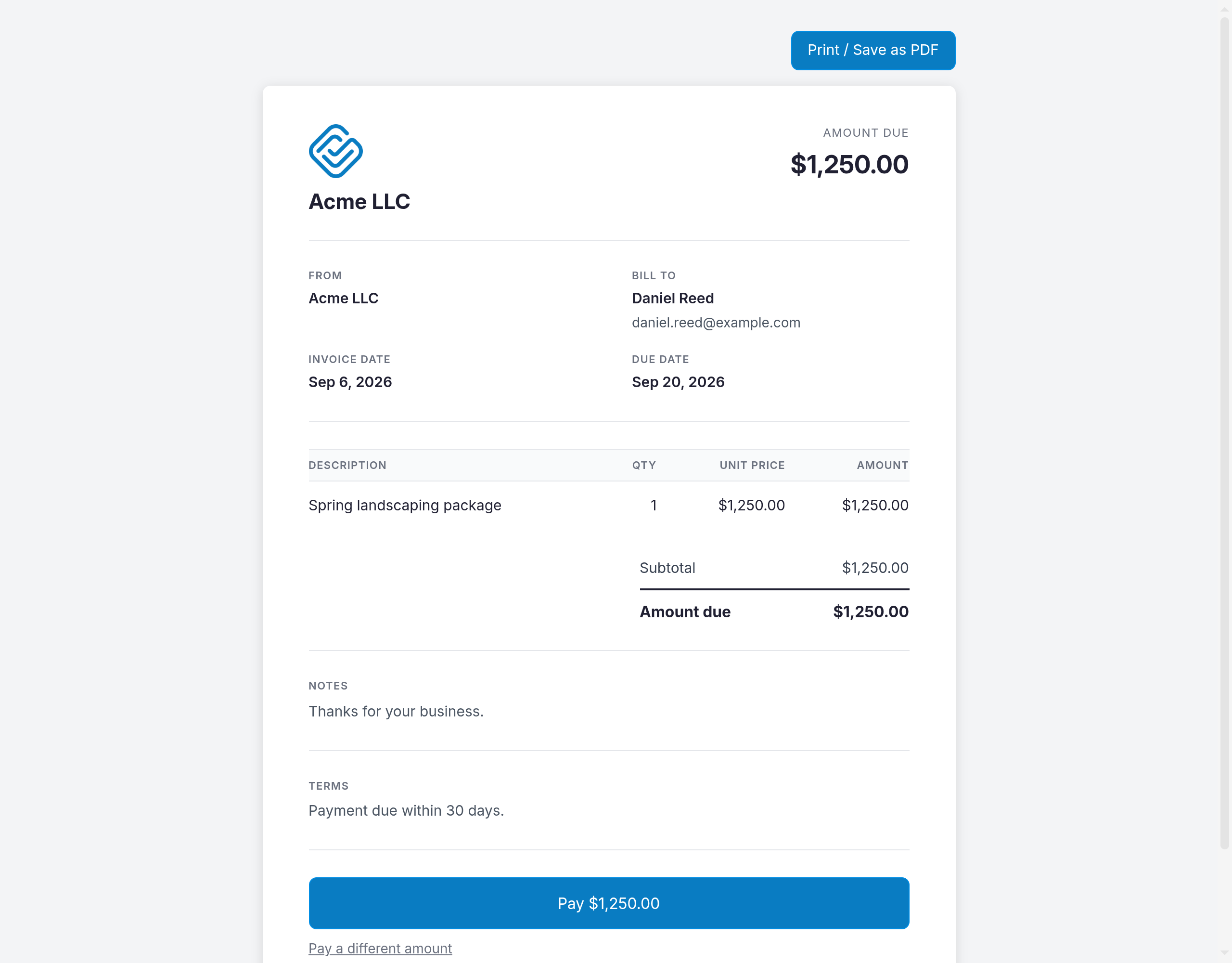 Customer payment page showing the amount due and the pay buttons