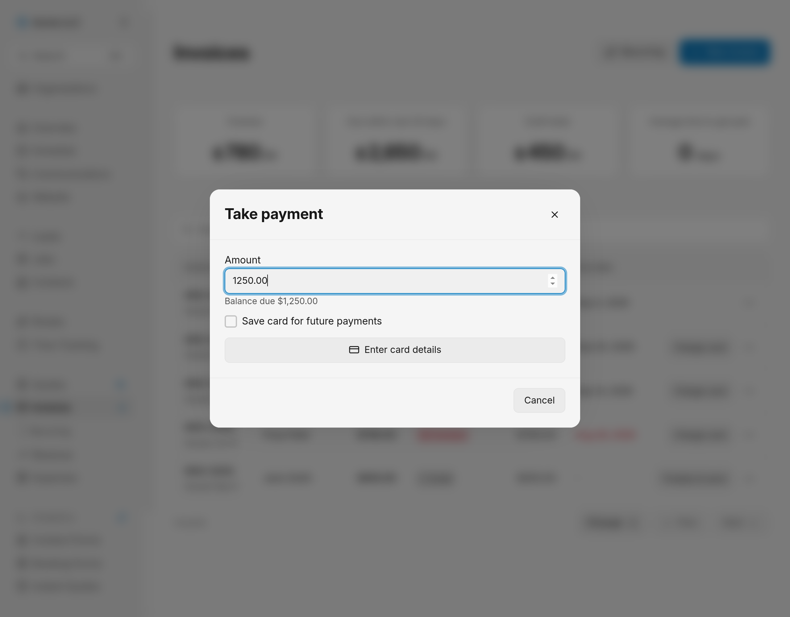 Take payment dialog showing the amount field, the card on file, and the charge buttons