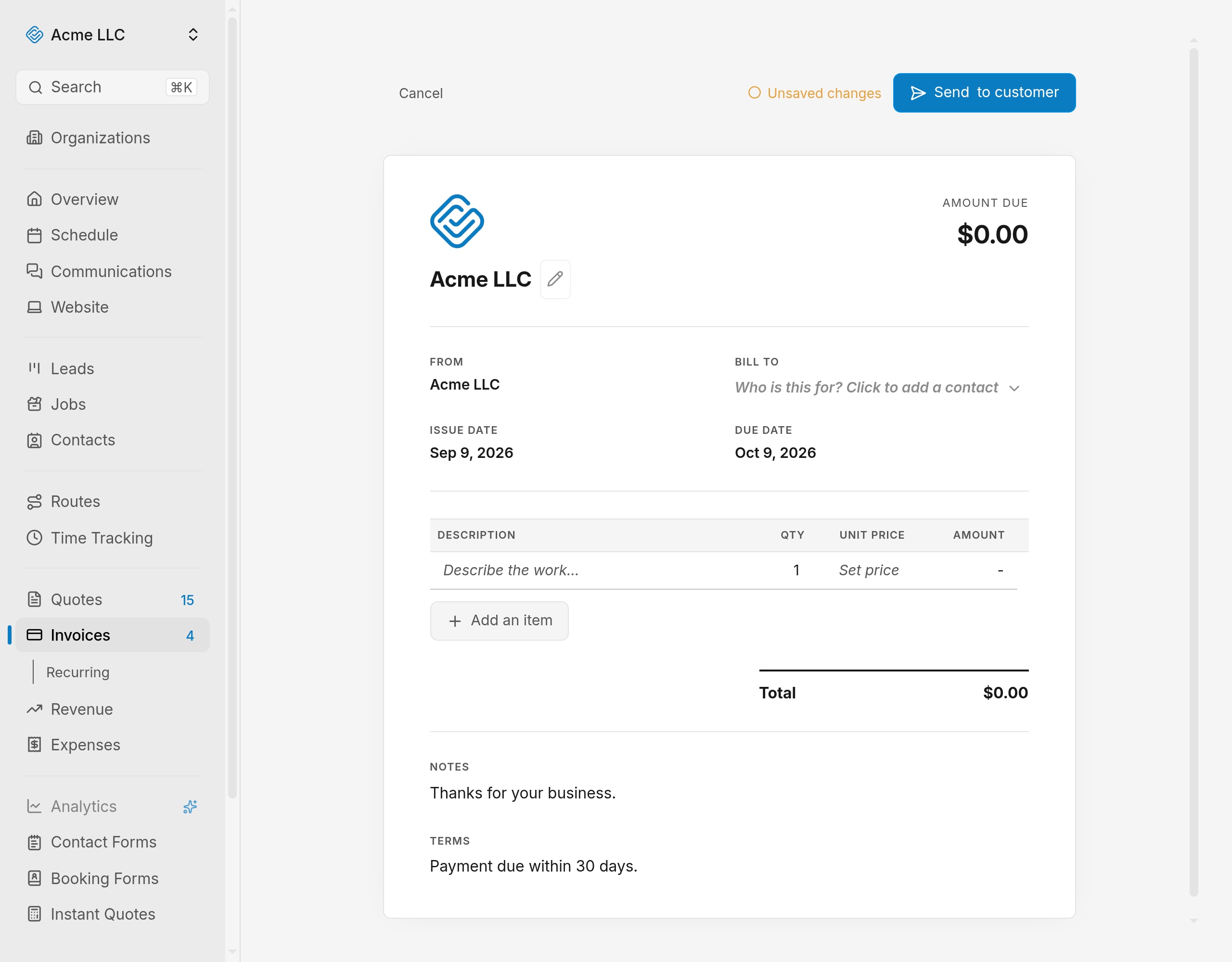 The new invoice editor showing Bill to, the dates, and the line item
table