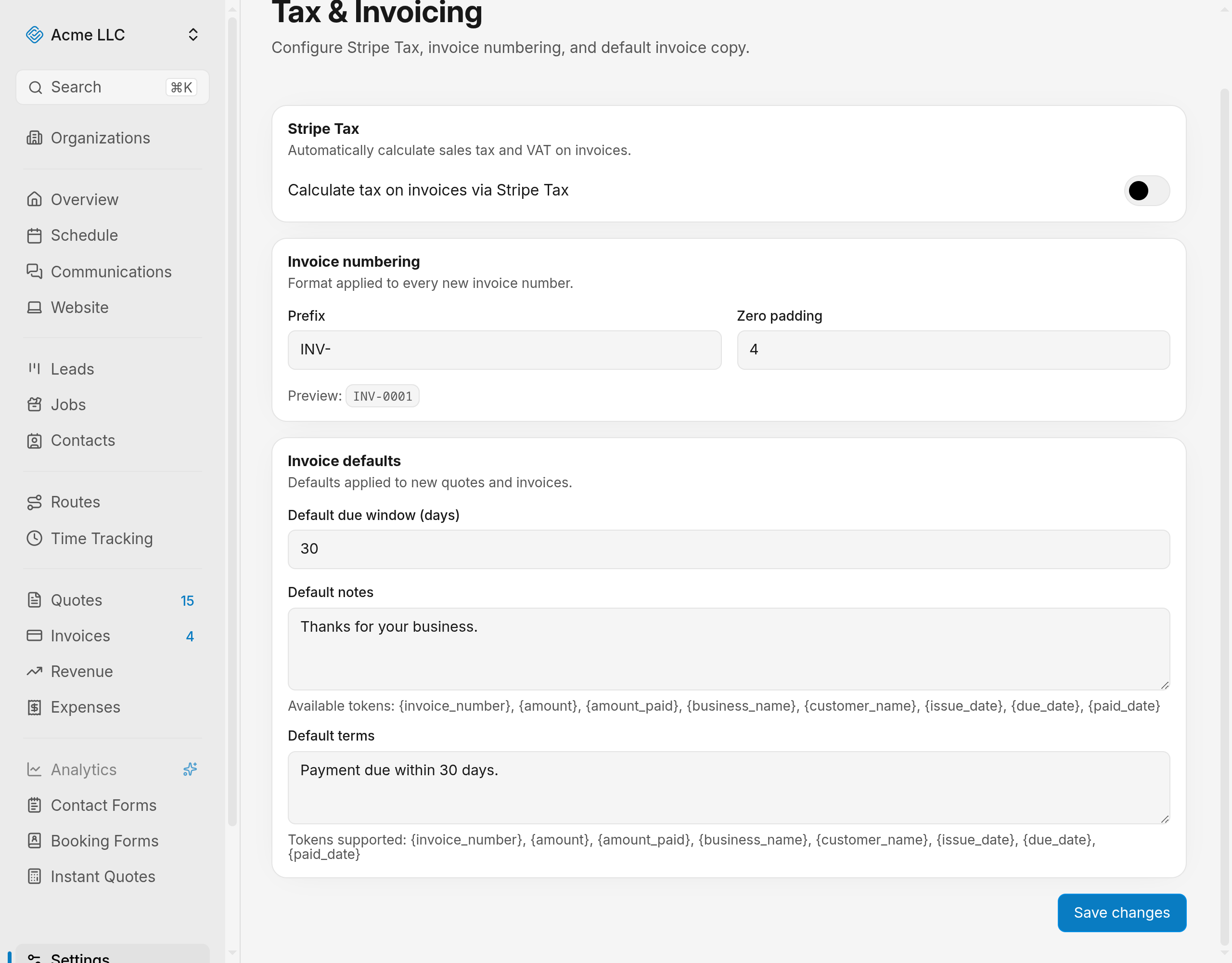 Tax and Invoicing settings with the Stripe Tax, invoice numbering, and invoice defaults cards