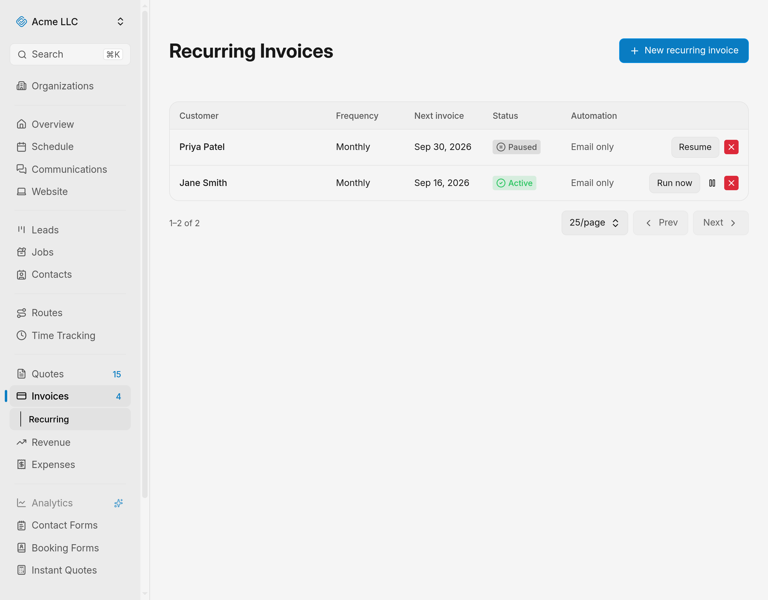 Recurring invoices list showing each schedule's status and row actions