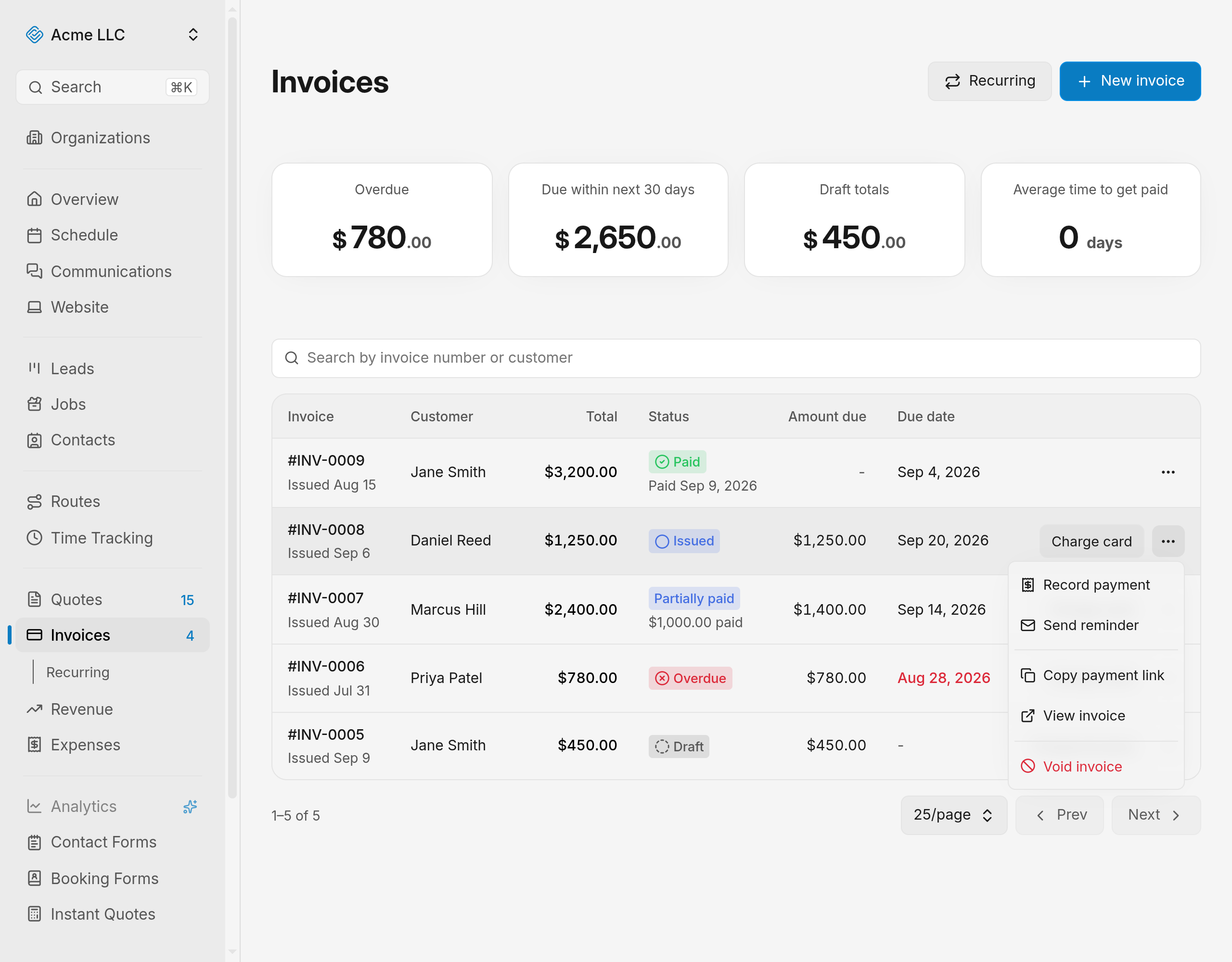 Invoices list with the Invoice actions menu open on Record payment