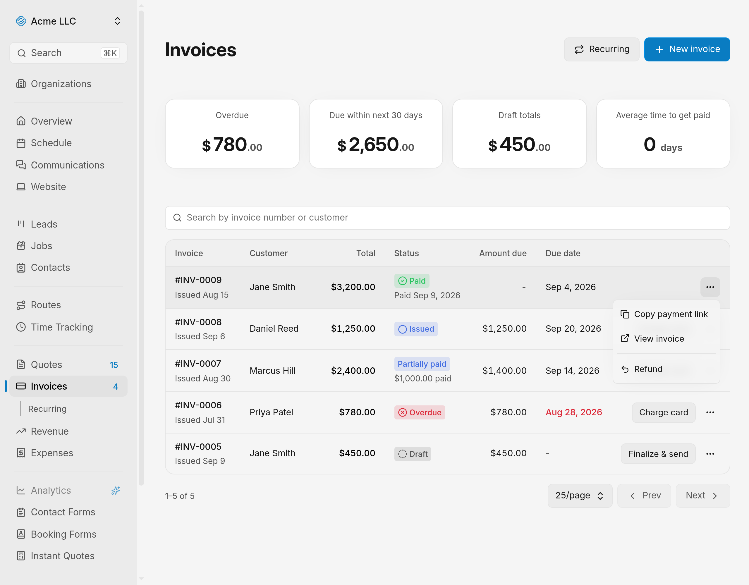 Invoice actions menu showing Copy payment link, View invoice, and Refund
