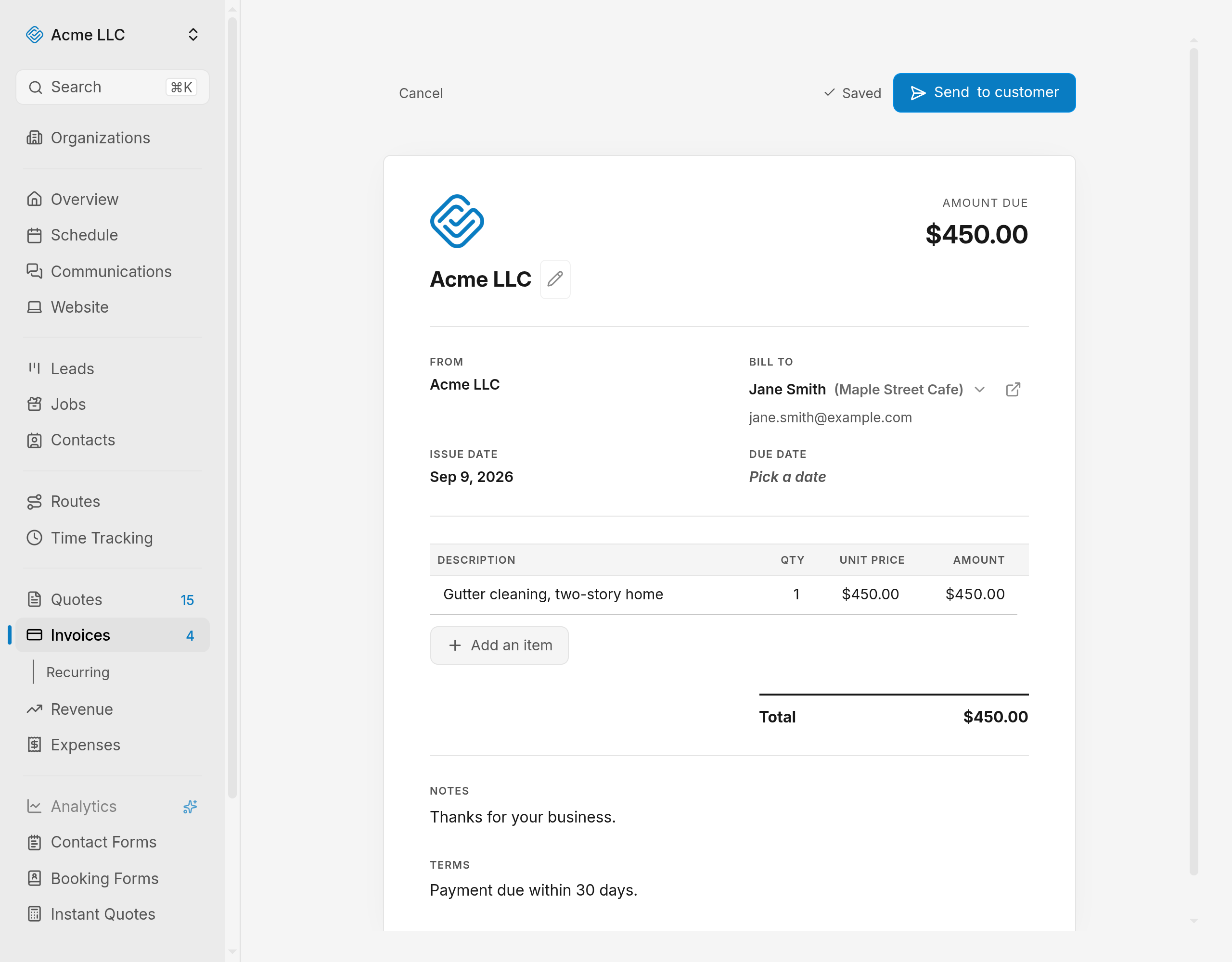 Invoice editor with a draft invoice and the Finalize & send button