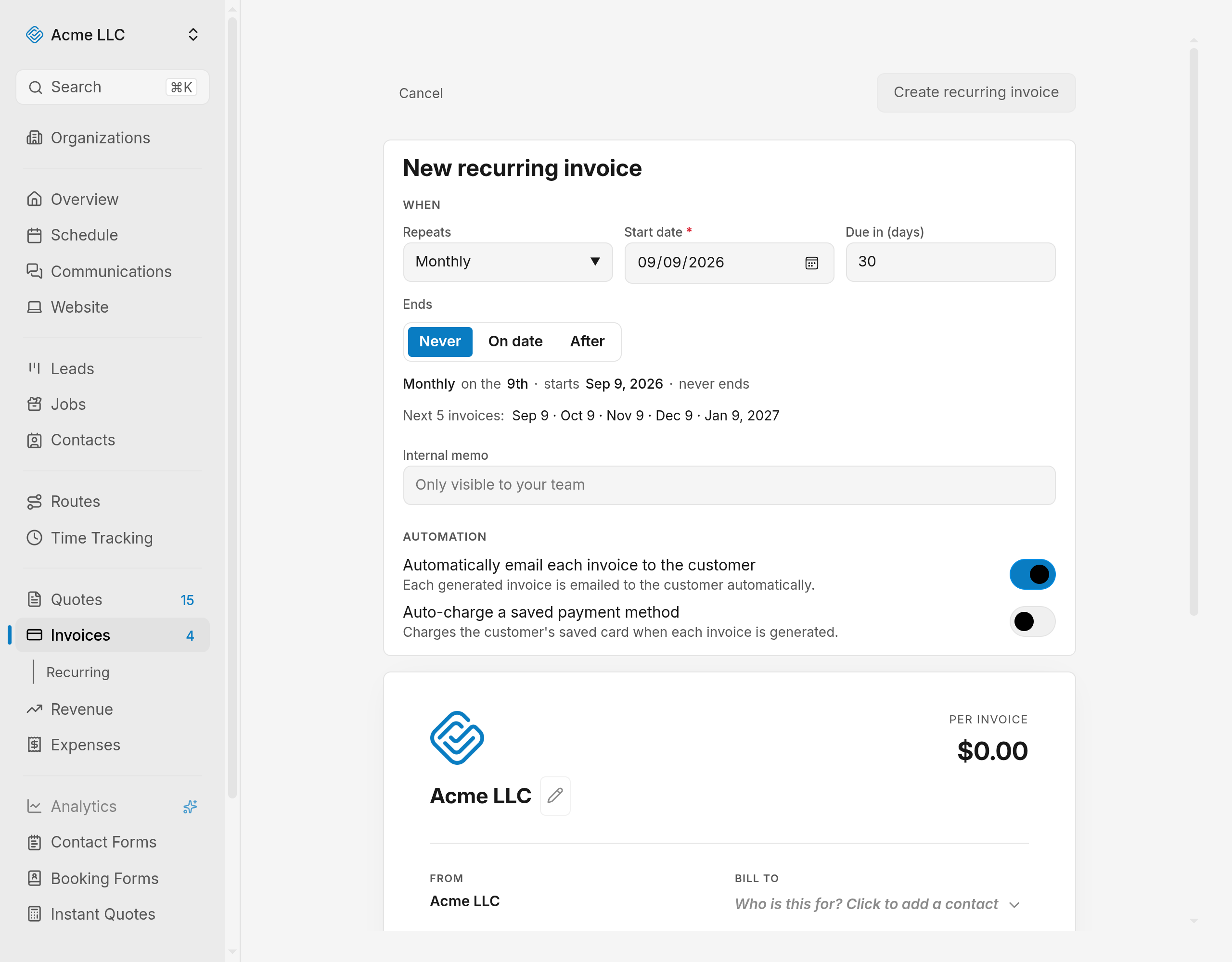 New recurring invoice editor with the schedule and automation fields