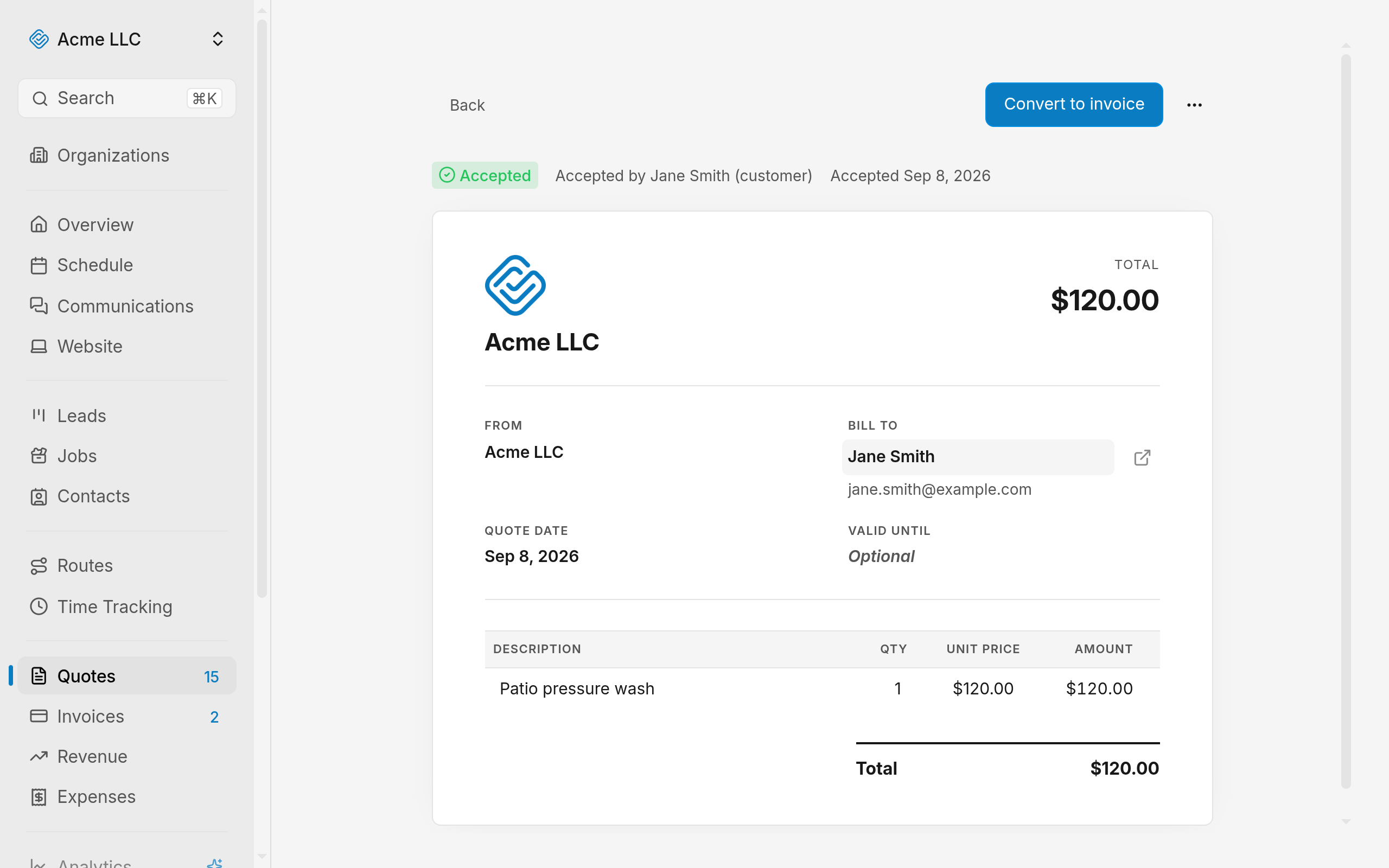 Convert to invoice button on an accepted quote