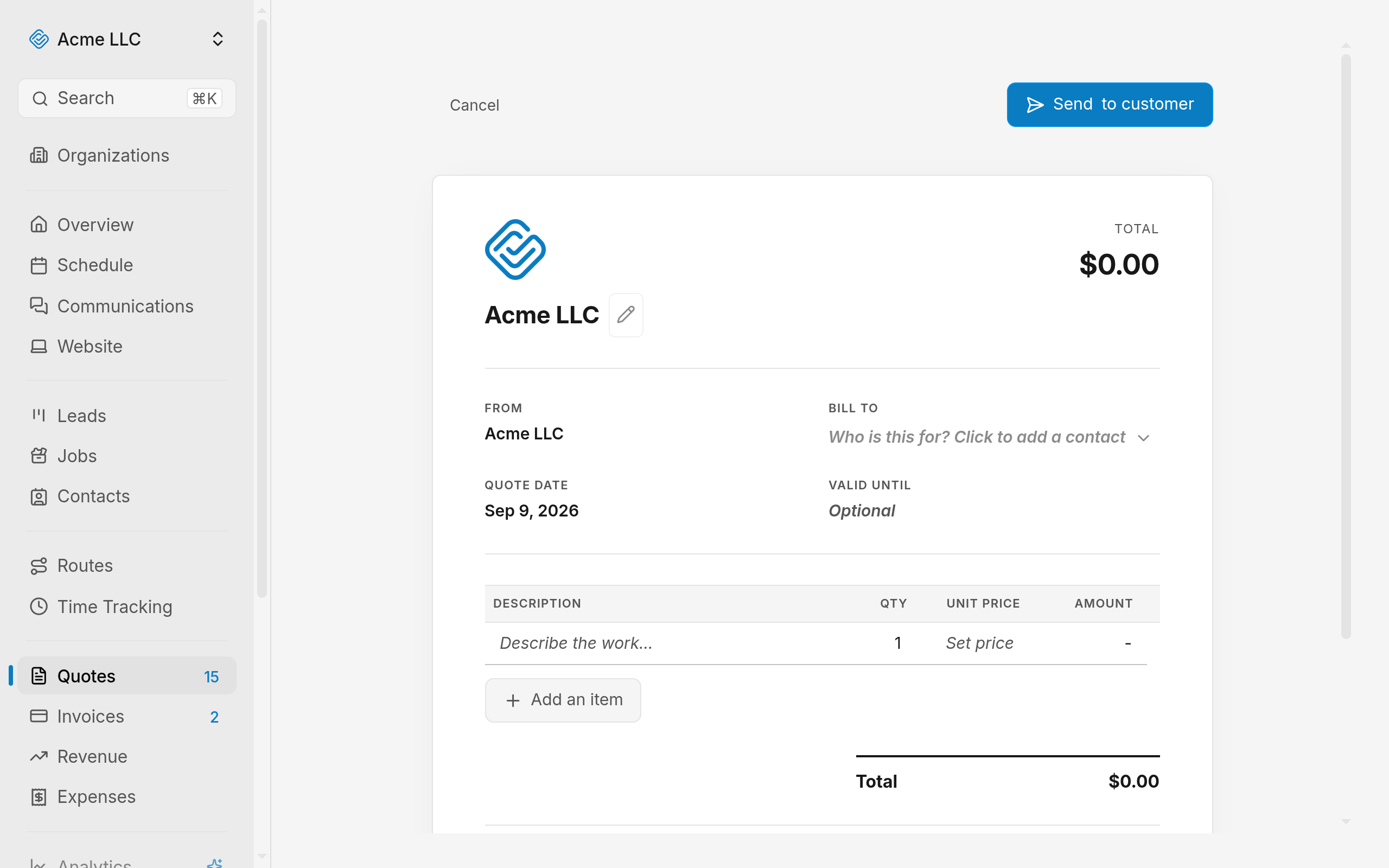 The new quote editor with an empty Bill to box, one empty line item, and the Send to customer button