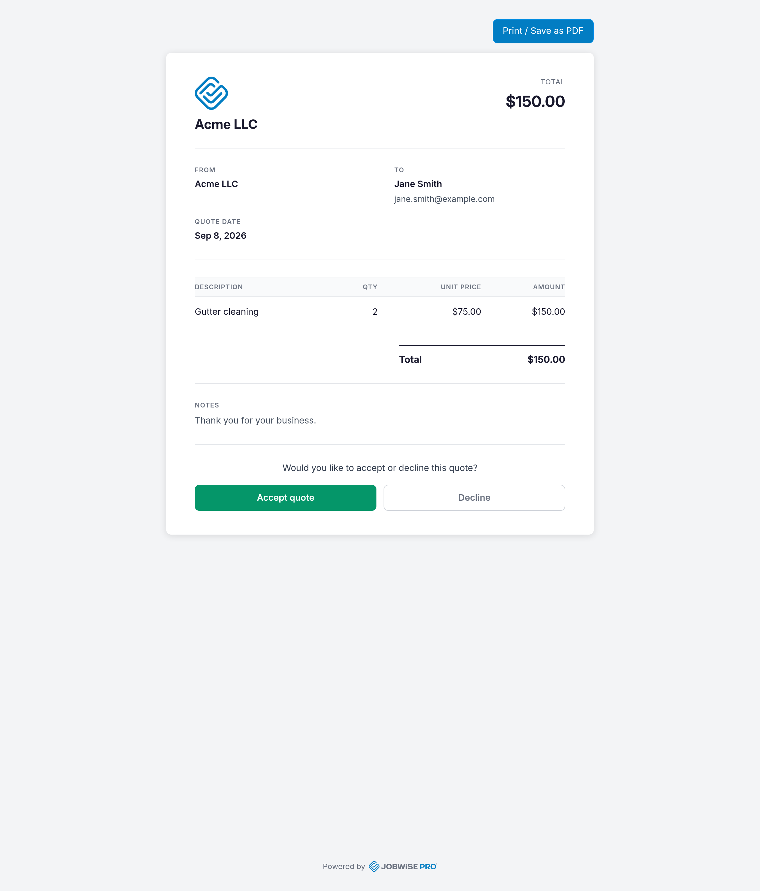 Public quote page with the Accept quote and Decline buttons