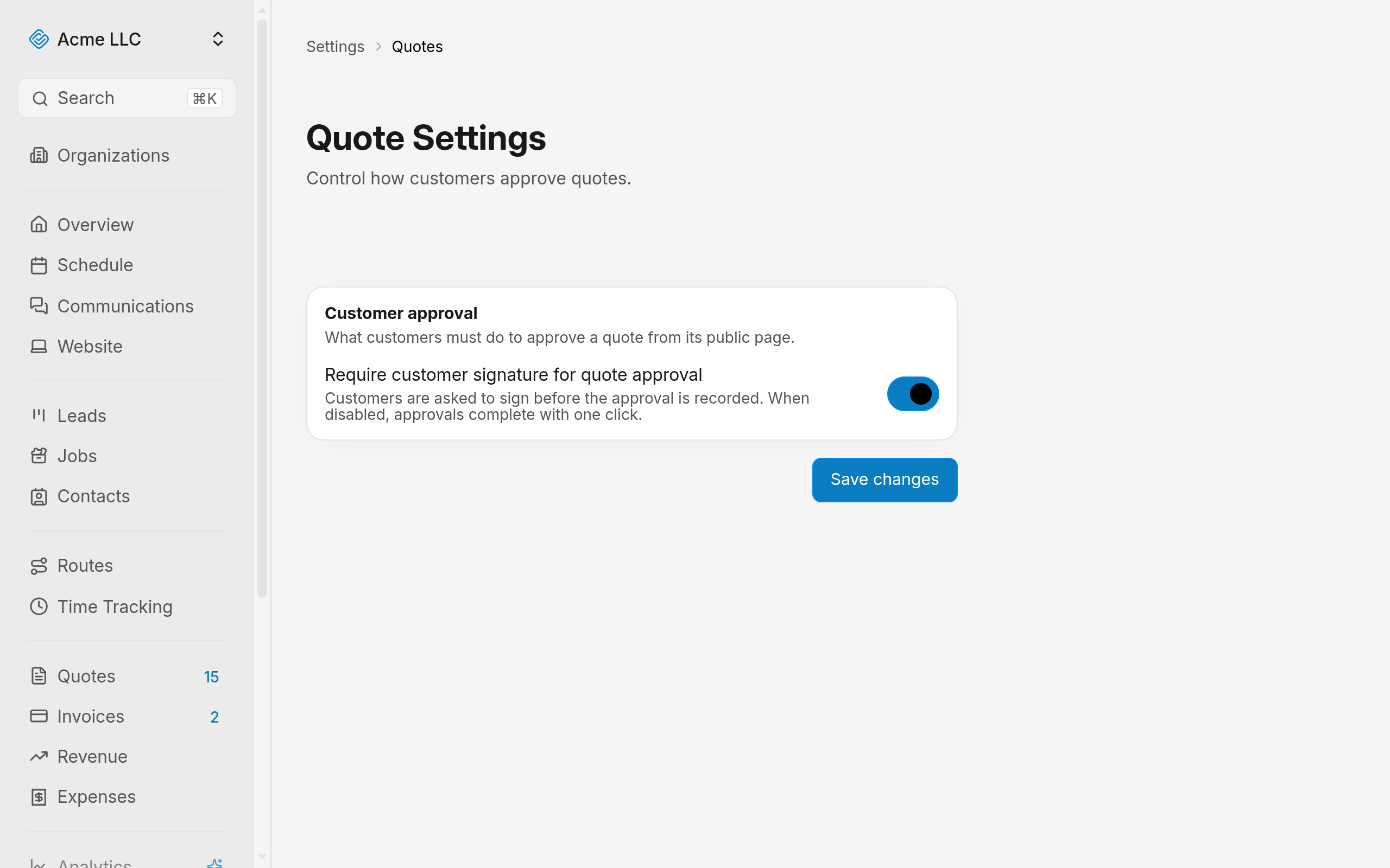 Quote Settings showing the Customer approval card and signature toggle