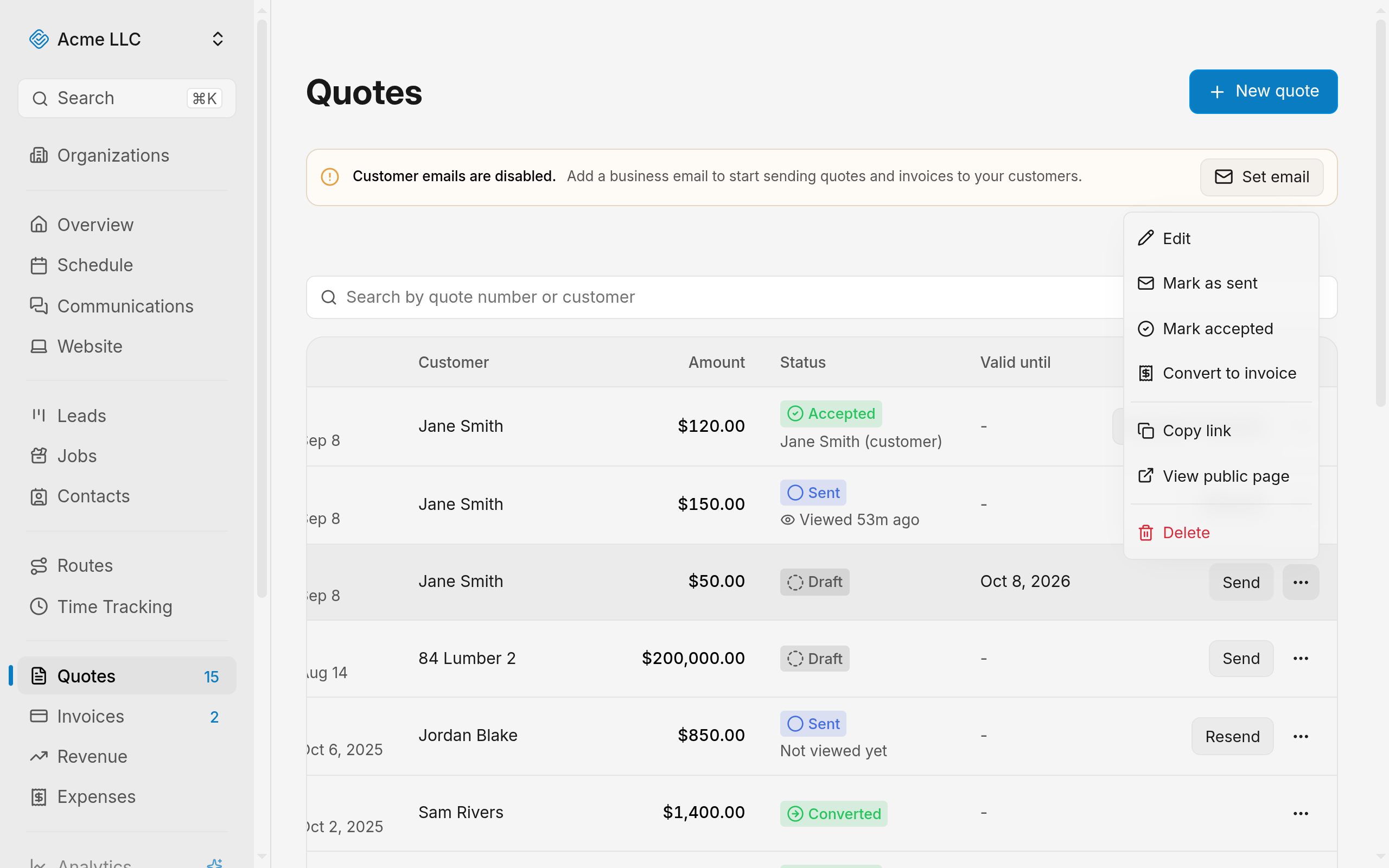 Quote actions menu open on a quote in the list