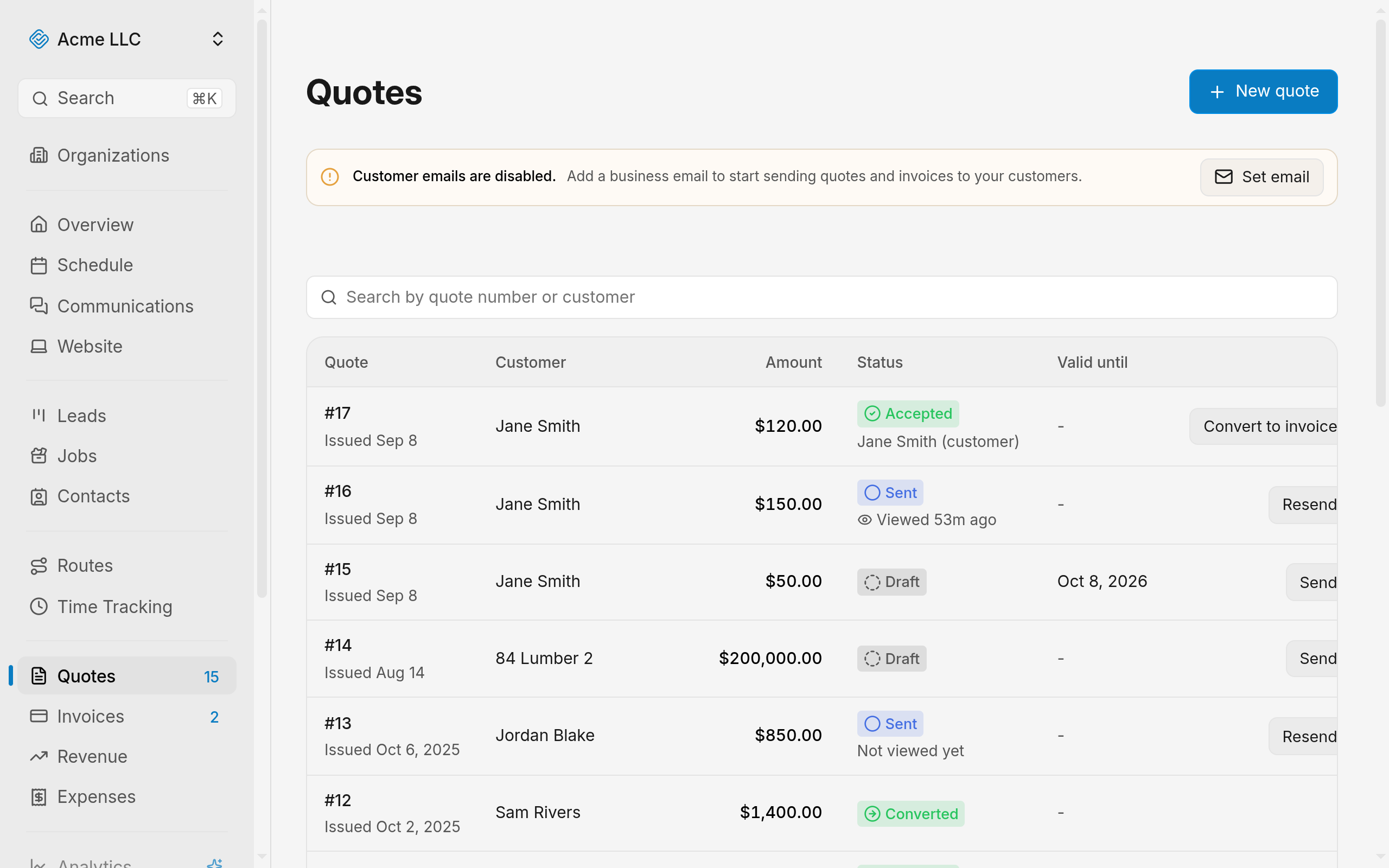 Quotes list with a draft quote and its Send button
