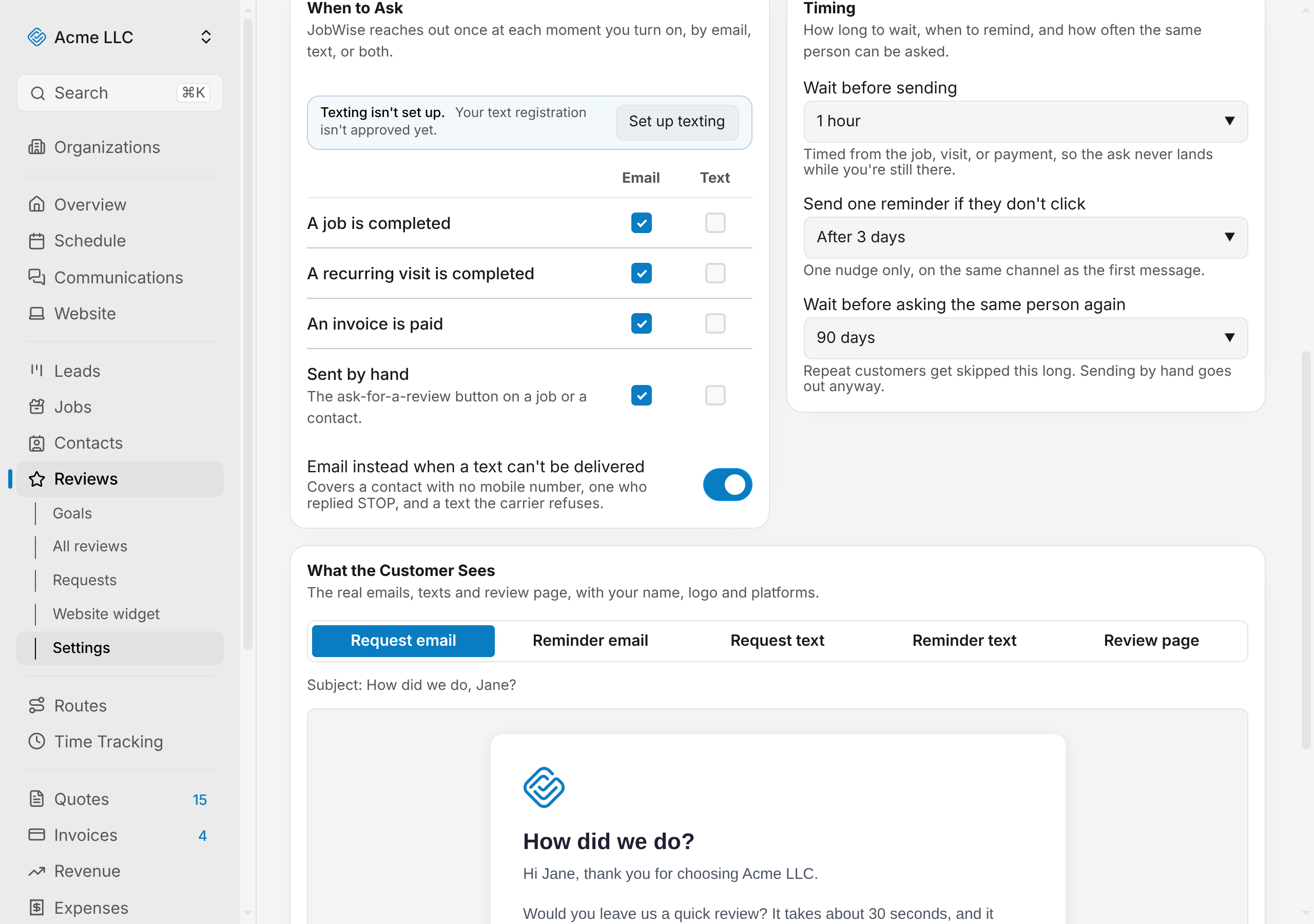 Review request moments, with email and text checkboxes for each