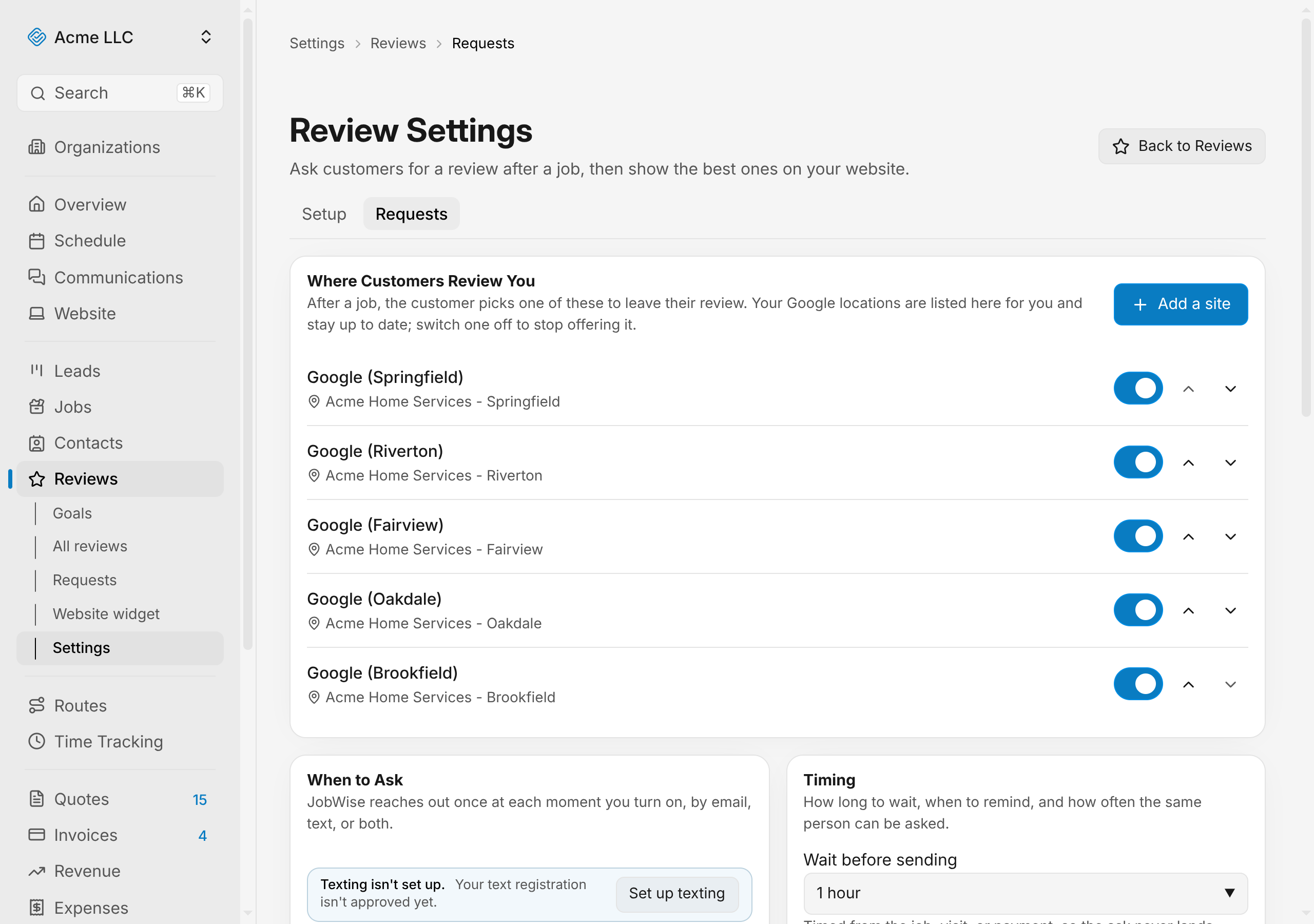 Review sites settings card showing a list of review platforms