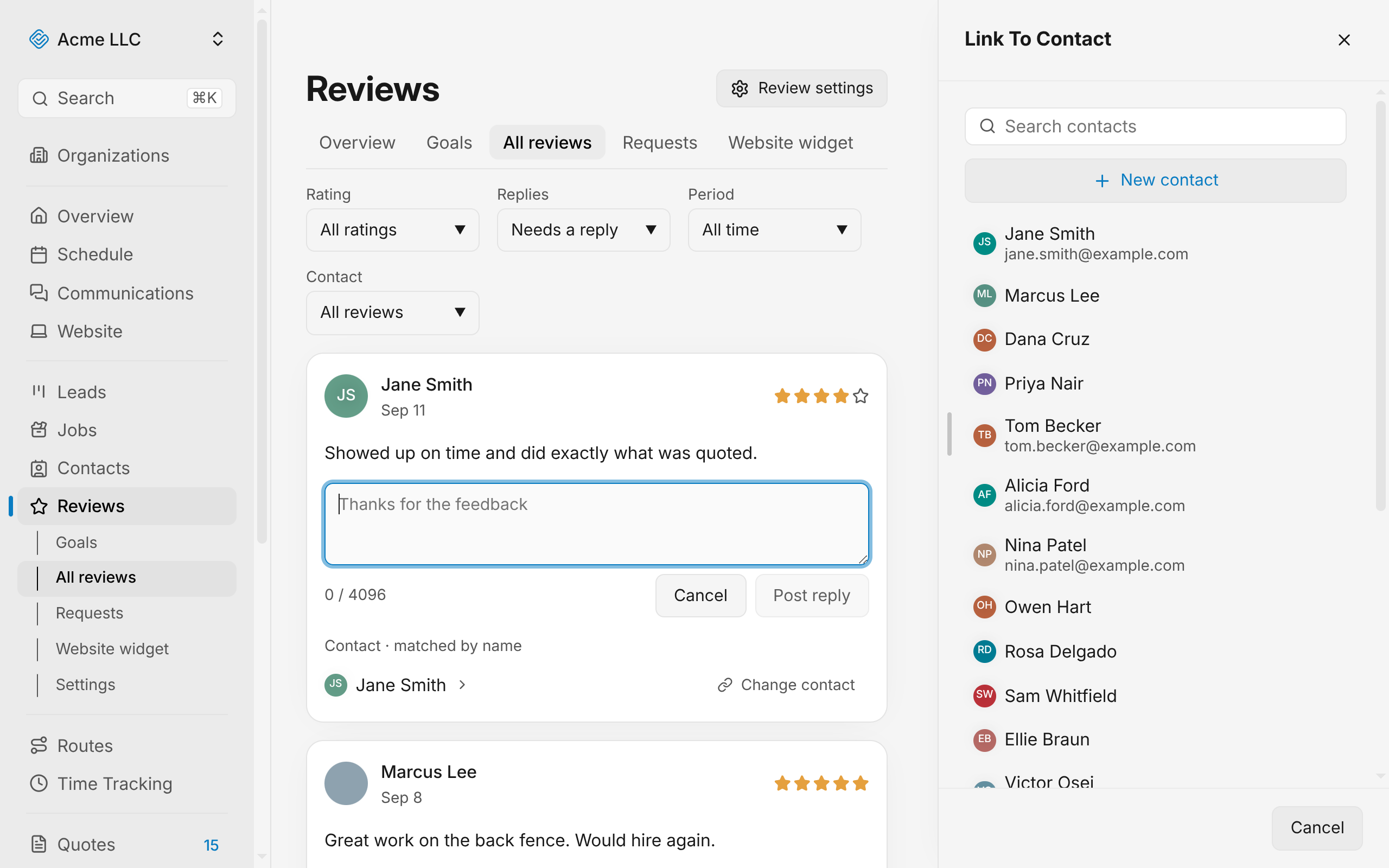 Linking a review with the contact picker open, searching for a contact and selecting one.
