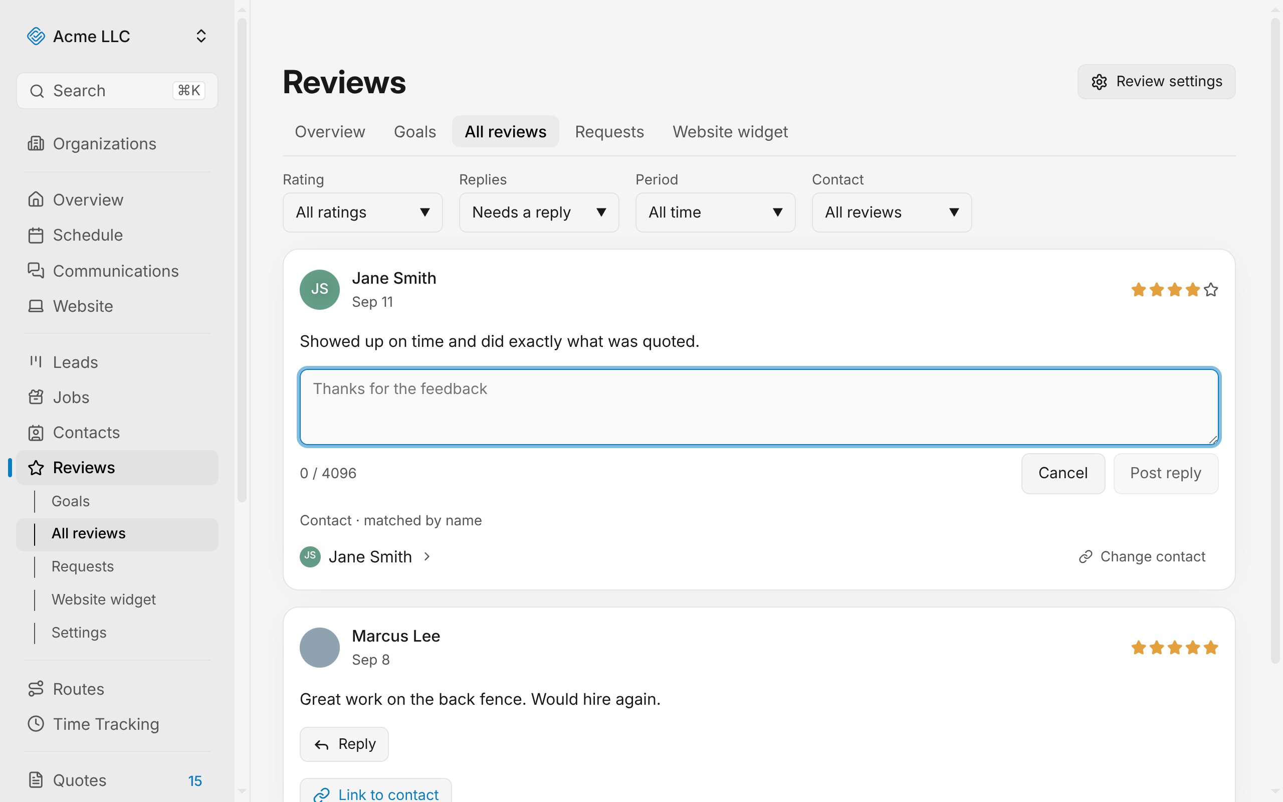 The reply editor with a text field and character counter