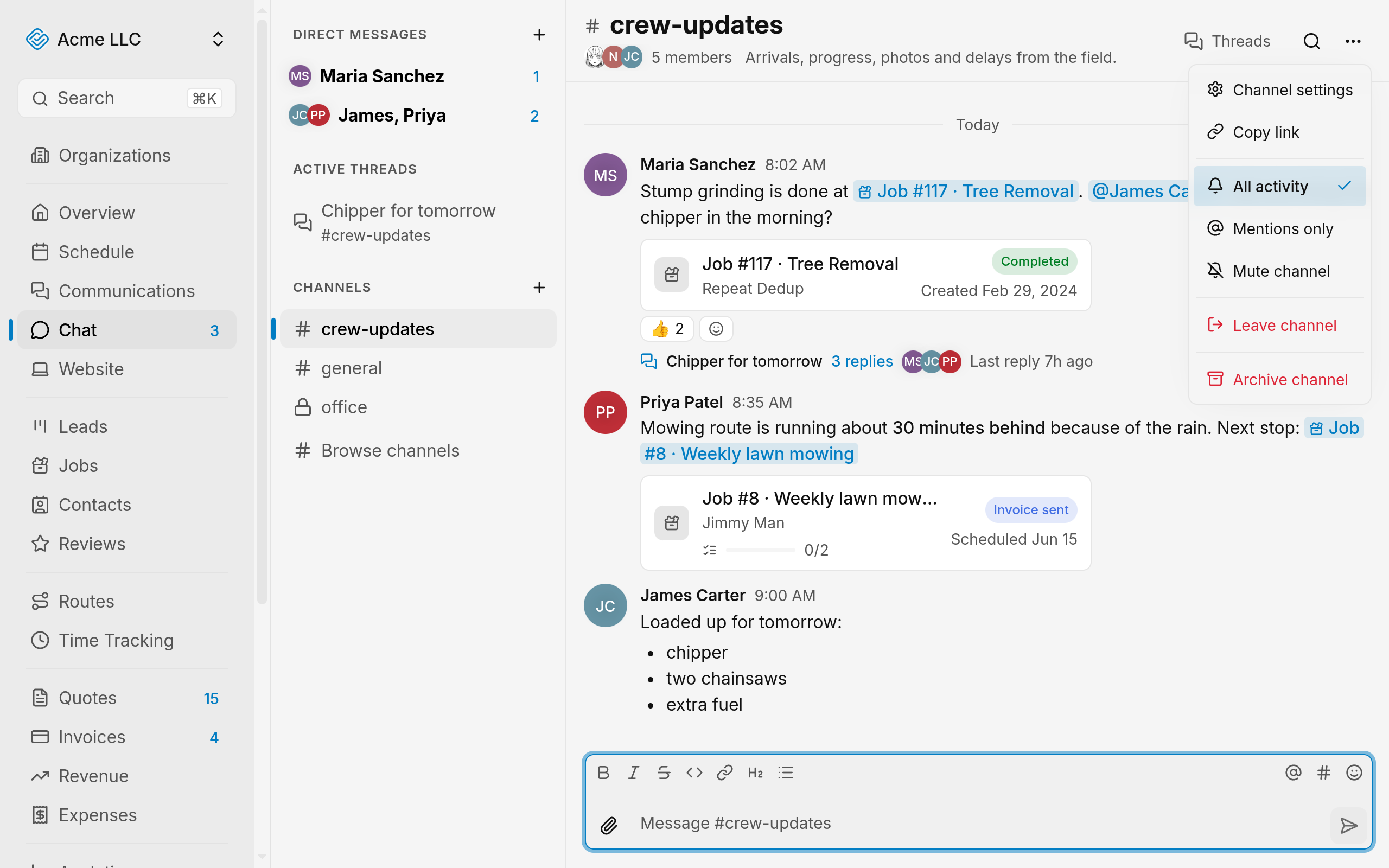Options menu for a conversation in the chat sidebar, showing the notification choices