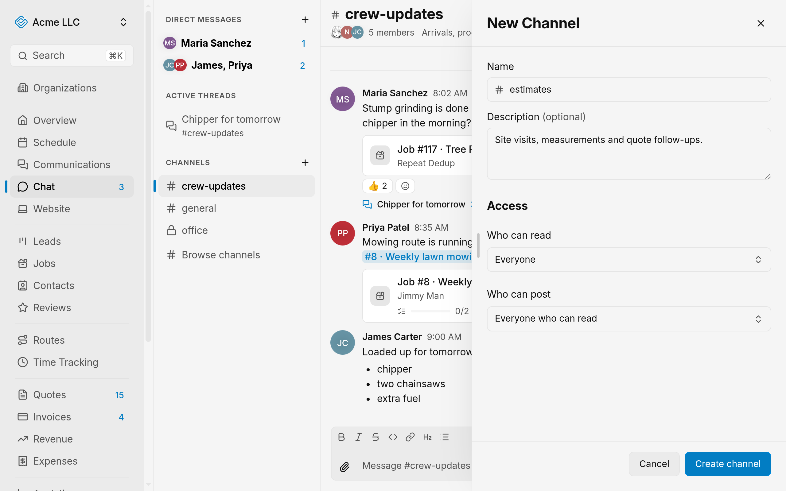 New Channel panel with the Name and Description fields and the Who can read and Who can post settings