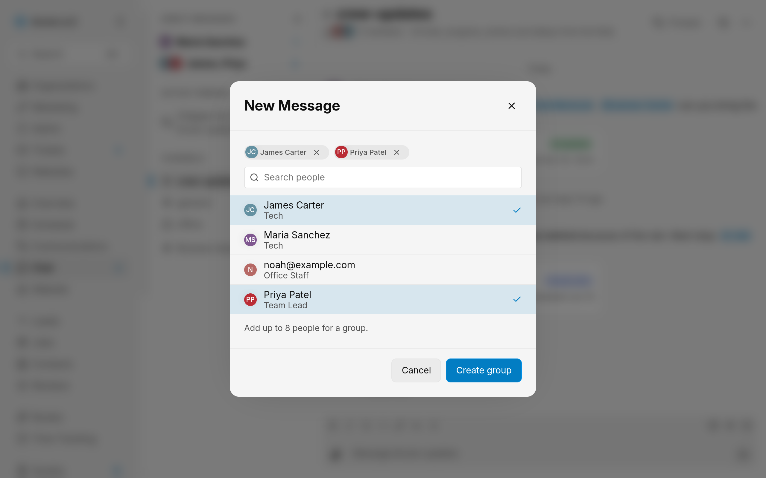 New Message window with two teammates picked above the search box and the Create group button