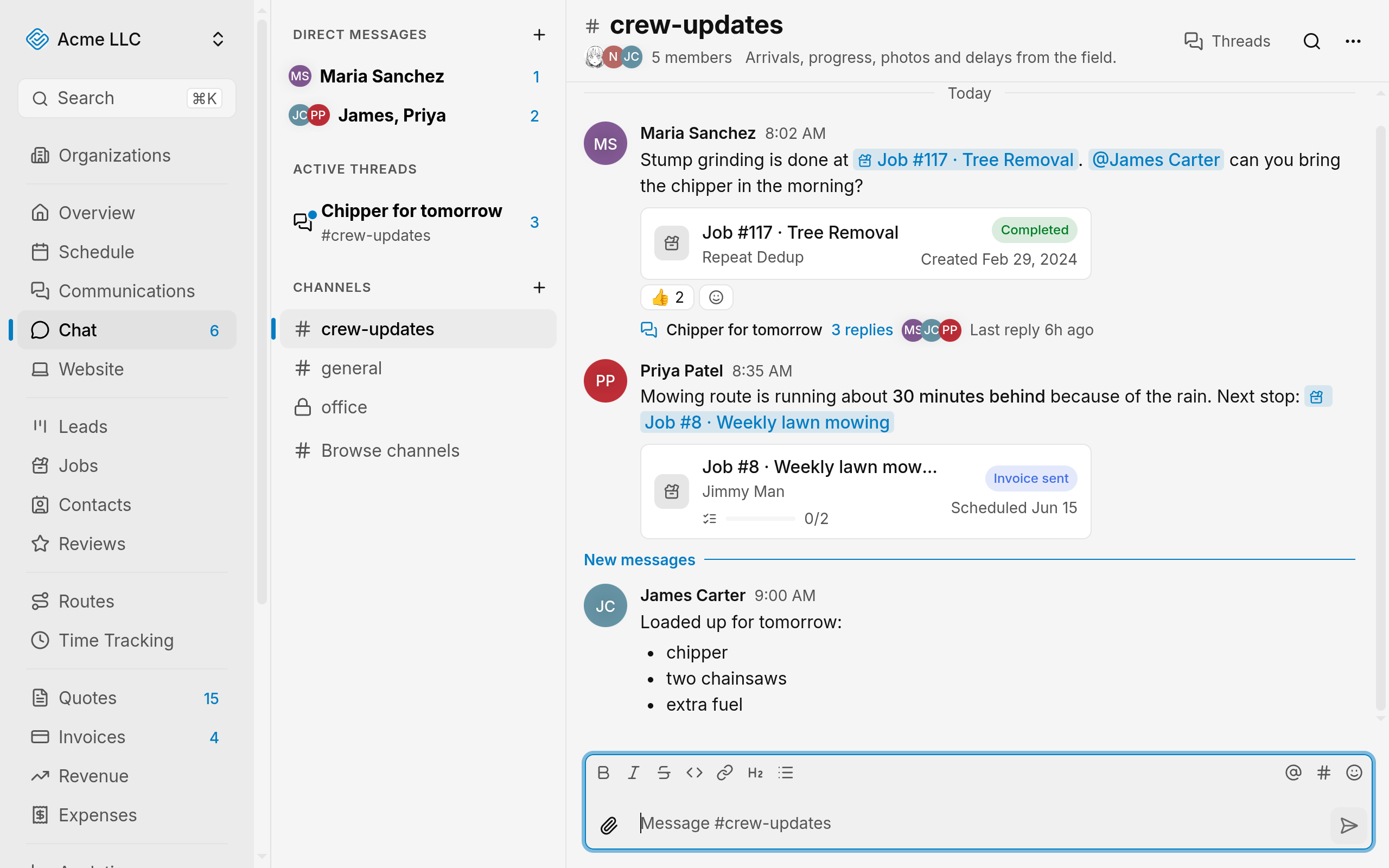Team Chat sidebar and conversation list