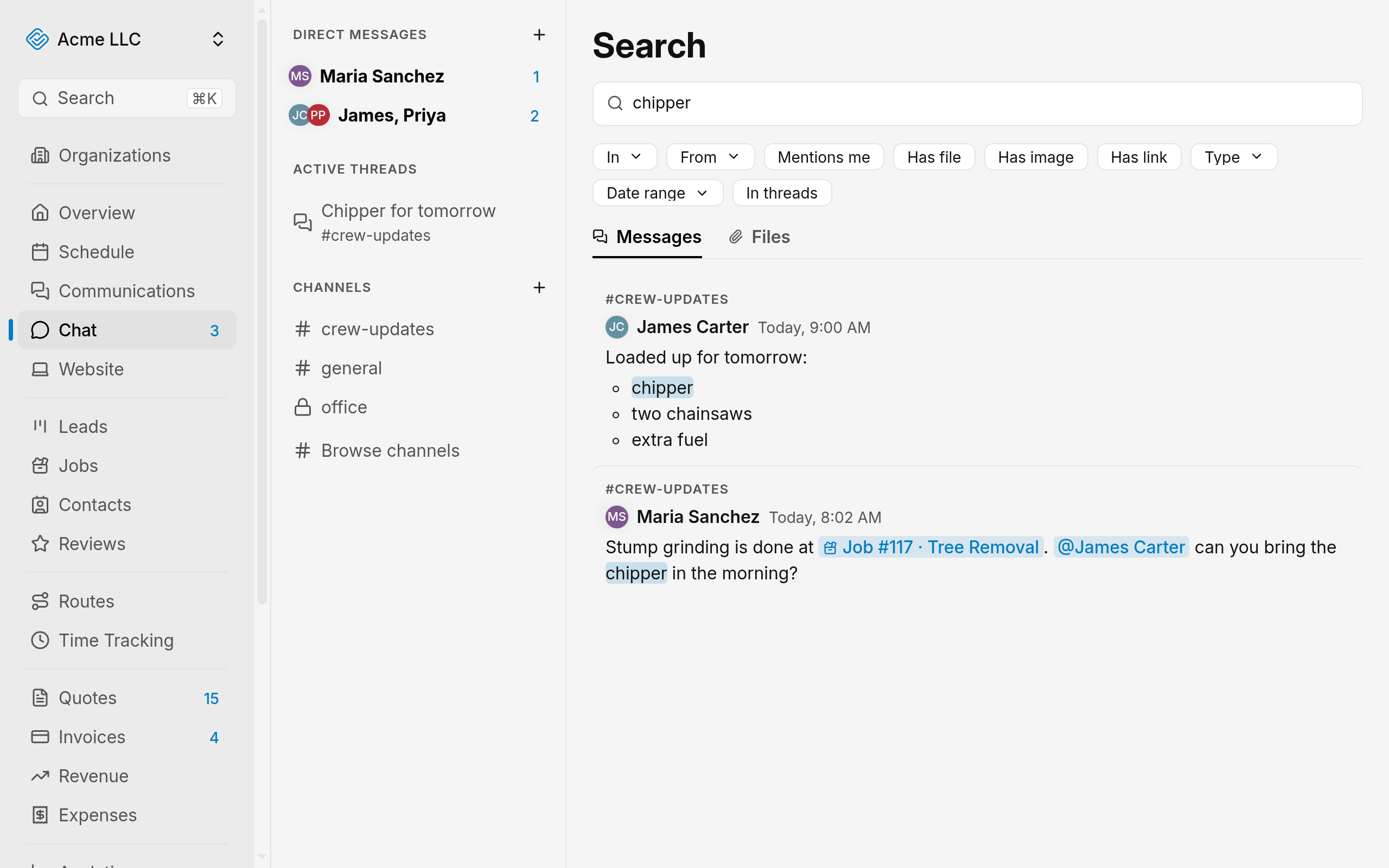 Team Chat search page with the search box, the filter buttons, and the Messages and Files tabs