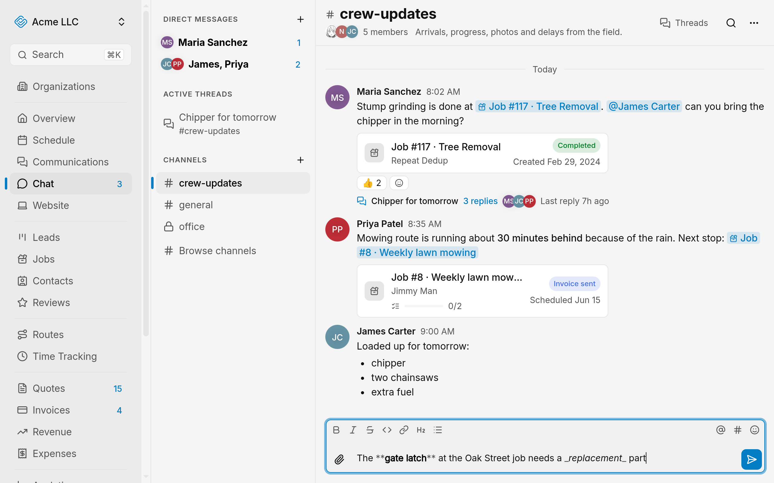 Message box at the bottom of a conversation, with the formatting toolbar above
the field